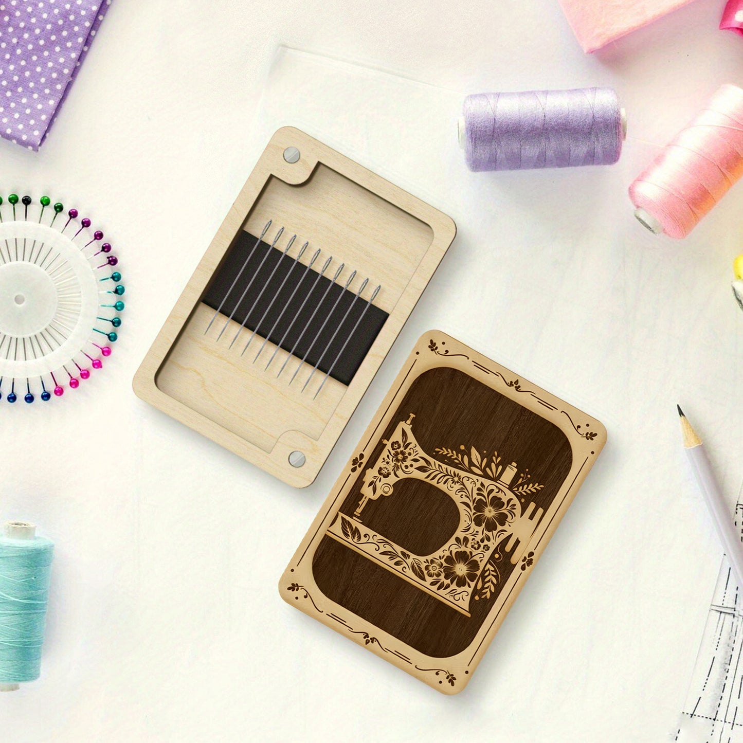 Wooden Needle Box Built-in Strong Magnet Needles Storage Holder with Lid Pin Organizer for Quilters Sewers Craft Supplies Gift (White Sewing Machine)