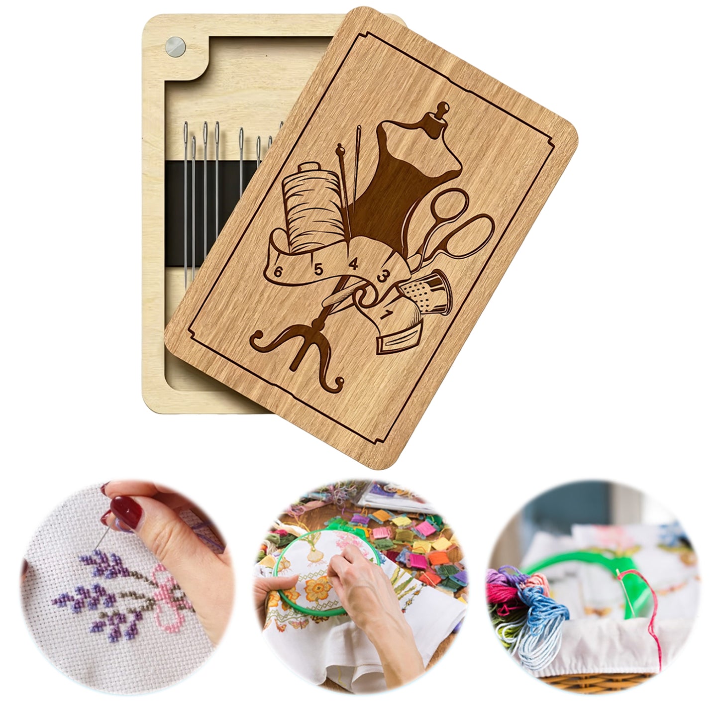 Wooden Needle Box Built-in Strong Magnet Needles Storage Holder with Lid Pin Organizer for Quilters Sewers Craft Supplies Gift (Tailor)