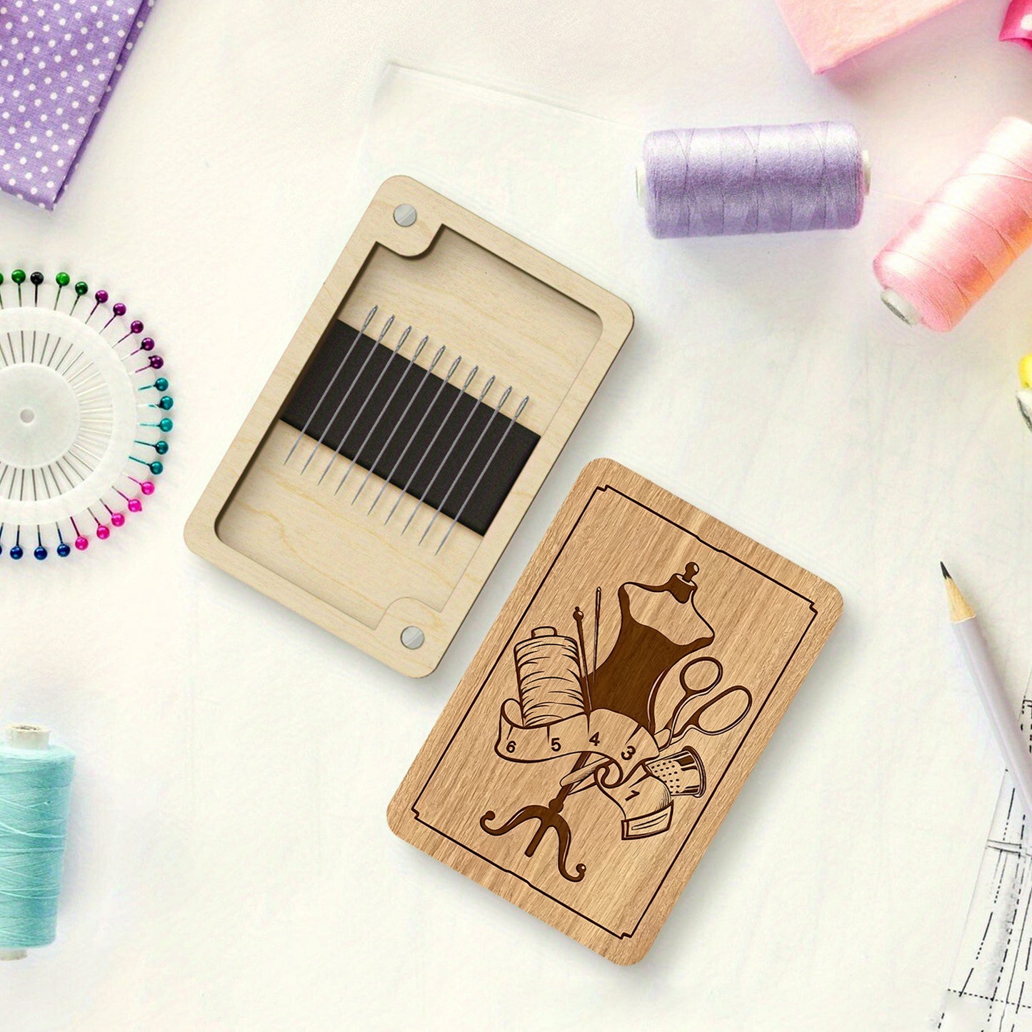 Wooden Needle Box Built-in Strong Magnet Needles Storage Holder with Lid Pin Organizer for Quilters Sewers Craft Supplies Gift (Tailor)