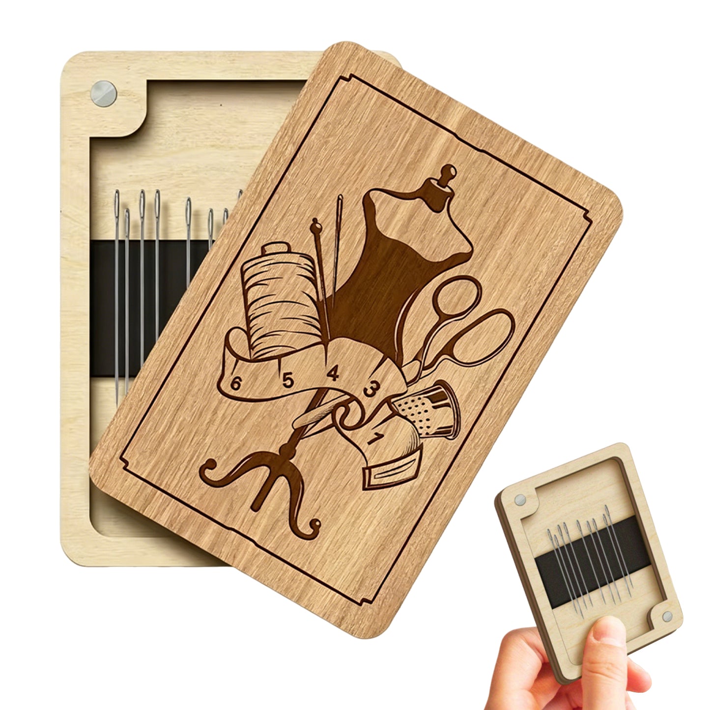 Wooden Needle Box Built-in Strong Magnet Needles Storage Holder with Lid Pin Organizer for Quilters Sewers Craft Supplies Gift (Tailor)