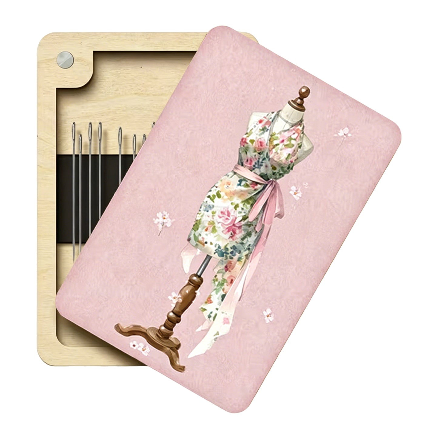 Wooden Needle Box Built-in Strong Magnet Needles Storage Holder with Lid Pin Organizer for Quilters Sewers Craft Supplies Gift (Mannequin Apron)