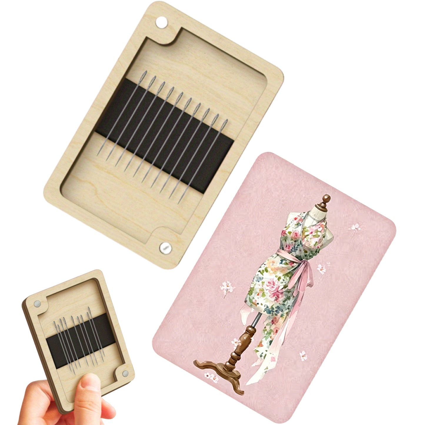 Wooden Needle Box Built-in Strong Magnet Needles Storage Holder with Lid Pin Organizer for Quilters Sewers Craft Supplies Gift (Mannequin Apron)