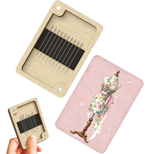 Wooden Needle Box Built-in Strong Magnet Needles Storage Holder with Lid Pin Organizer for Quilters Sewers Craft Supplies Gift (Mannequin Apron)