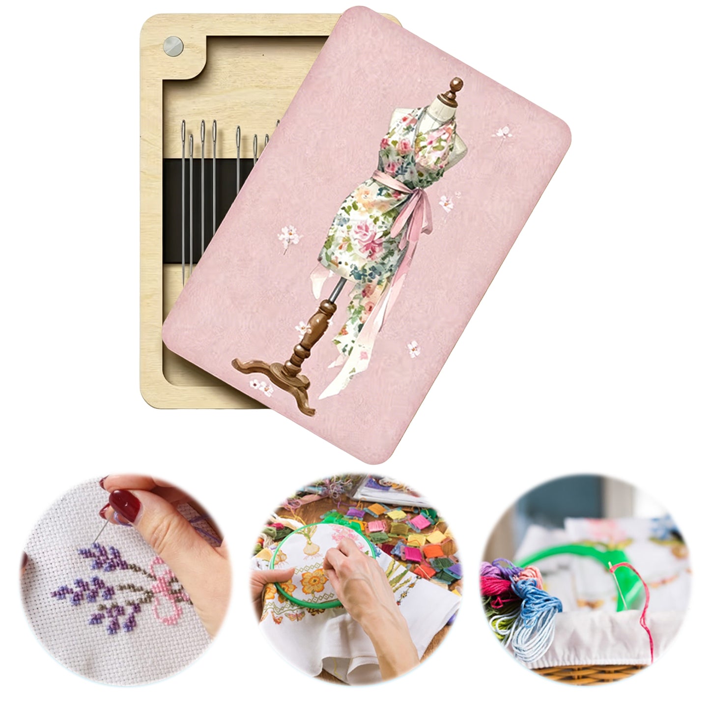 Wooden Needle Box Built-in Strong Magnet Needles Storage Holder with Lid Pin Organizer for Quilters Sewers Craft Supplies Gift (Mannequin Apron)