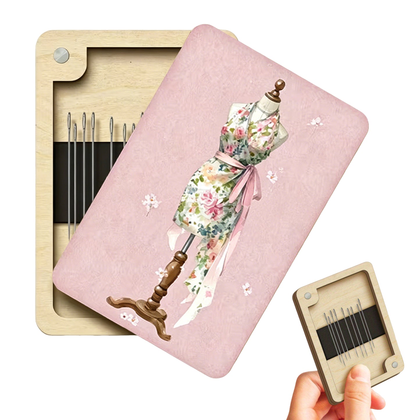 Wooden Needle Box Built-in Strong Magnet Needles Storage Holder with Lid Pin Organizer for Quilters Sewers Craft Supplies Gift (Mannequin Apron)