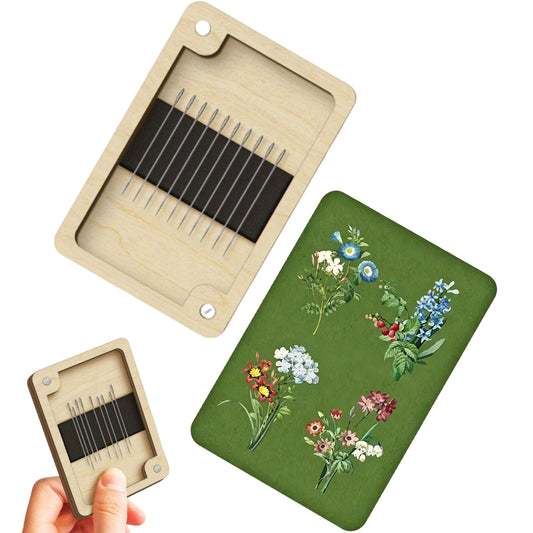 Wooden Needle Box Built-in Strong Magnet Needles Storage Holder with Lid Pin Organizer for Quilters Sewers Craft Supplies Gift (Vintage Floral)