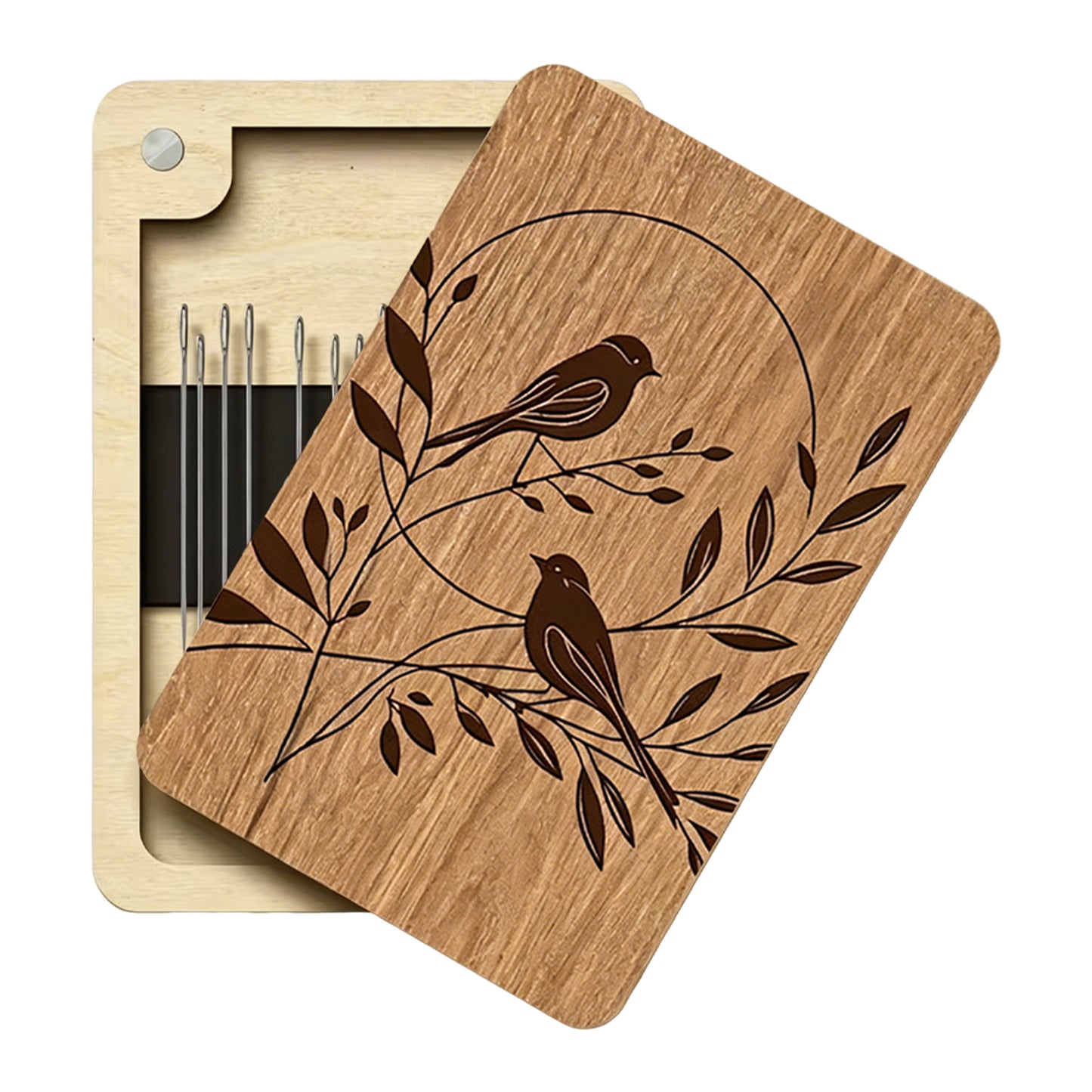 Wooden Needle Box Built-in Strong Magnet Needles Storage Holder with Lid Pin Organizer for Quilters Sewers Craft Supplies Gift (Bird)