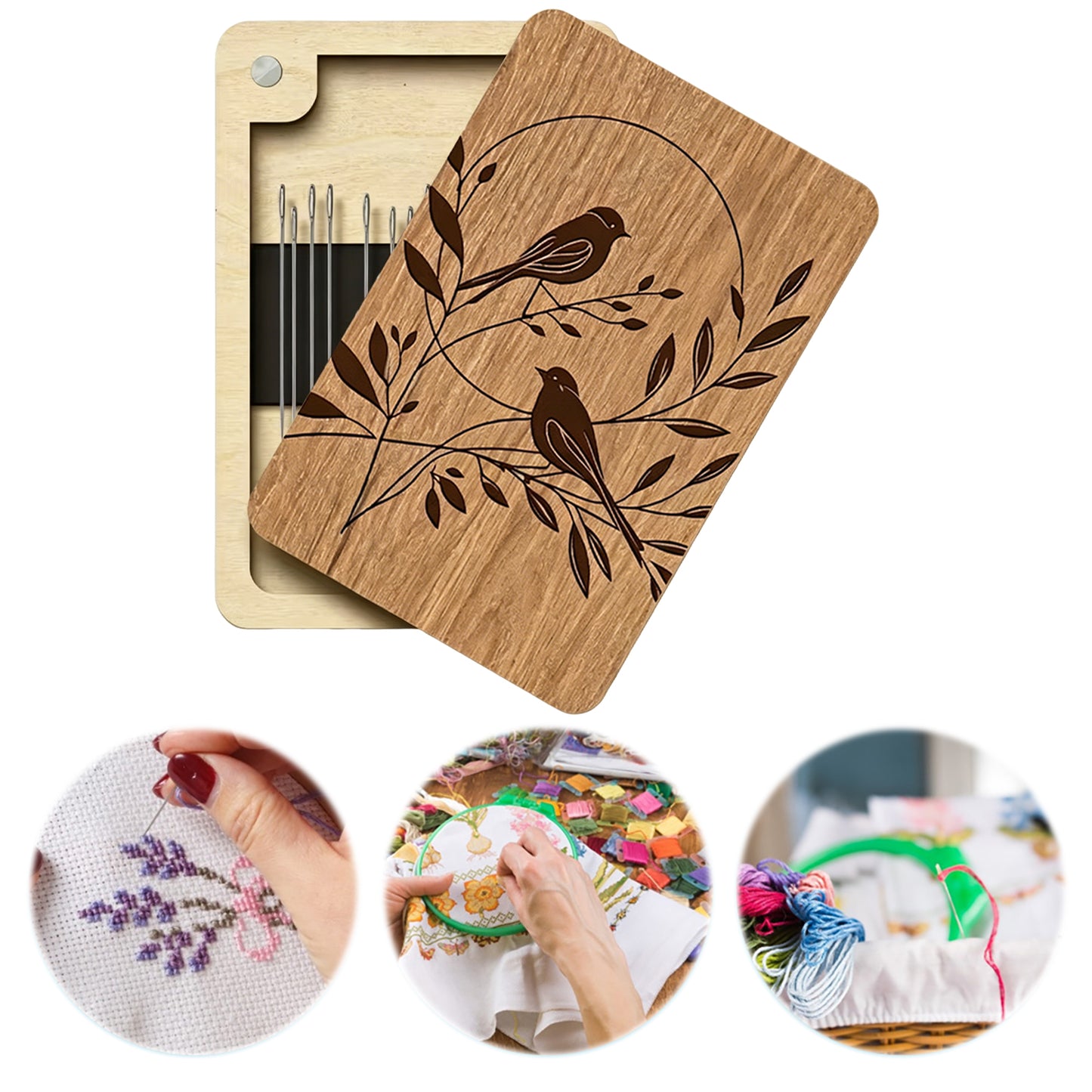 Wooden Needle Box Built-in Strong Magnet Needles Storage Holder with Lid Pin Organizer for Quilters Sewers Craft Supplies Gift (Bird)
