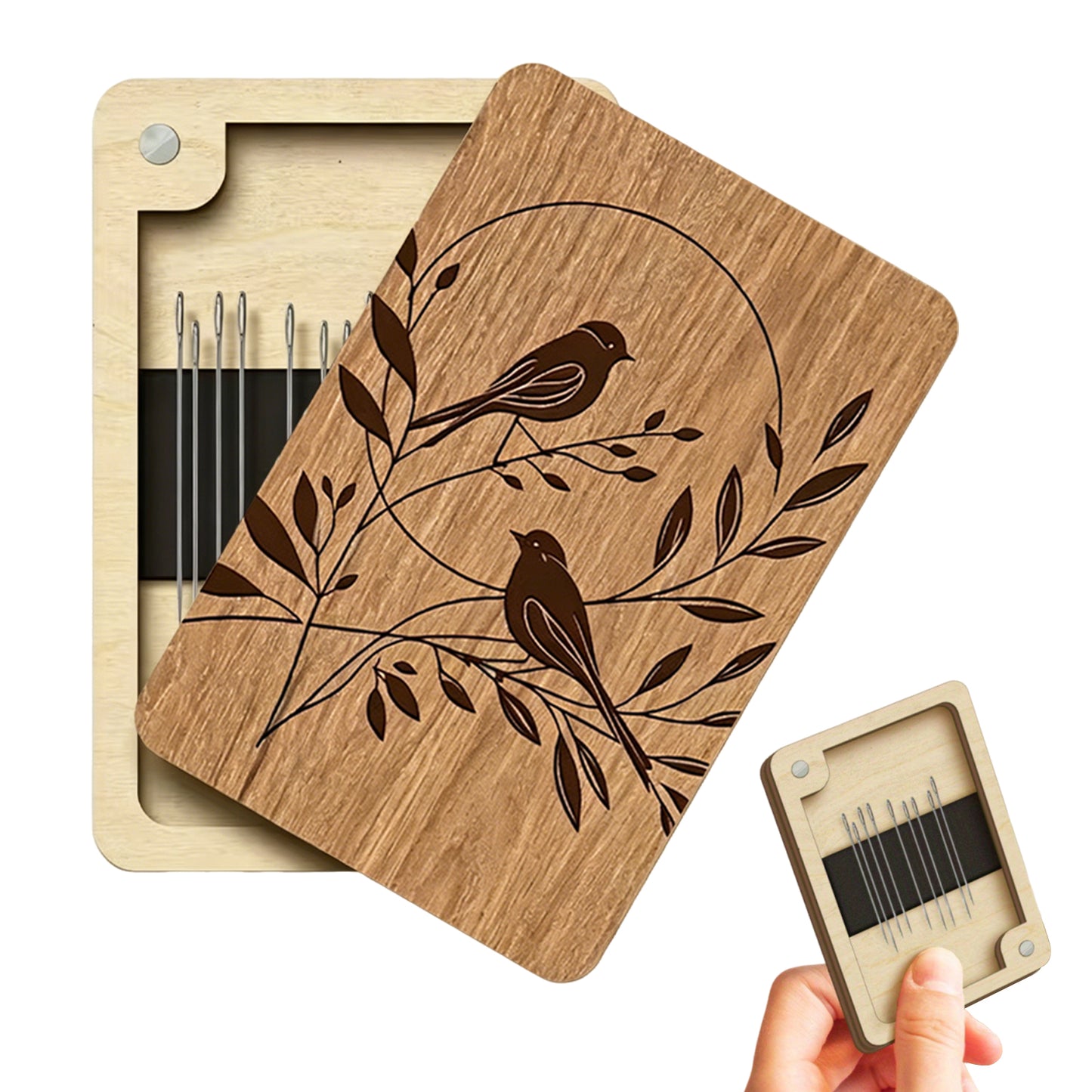 Wooden Needle Box Built-in Strong Magnet Needles Storage Holder with Lid Pin Organizer for Quilters Sewers Craft Supplies Gift (Bird)