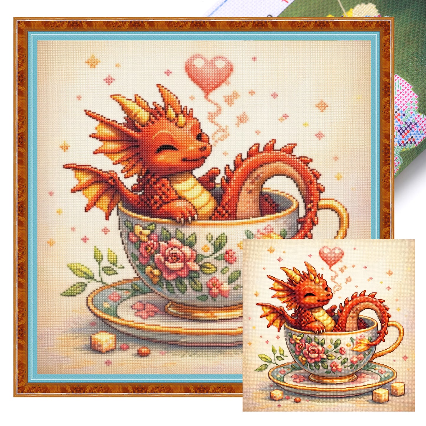 Fire Dragon In Teacup - Full 14CT Stamped Cross Stitch 40x40CM - Huacan