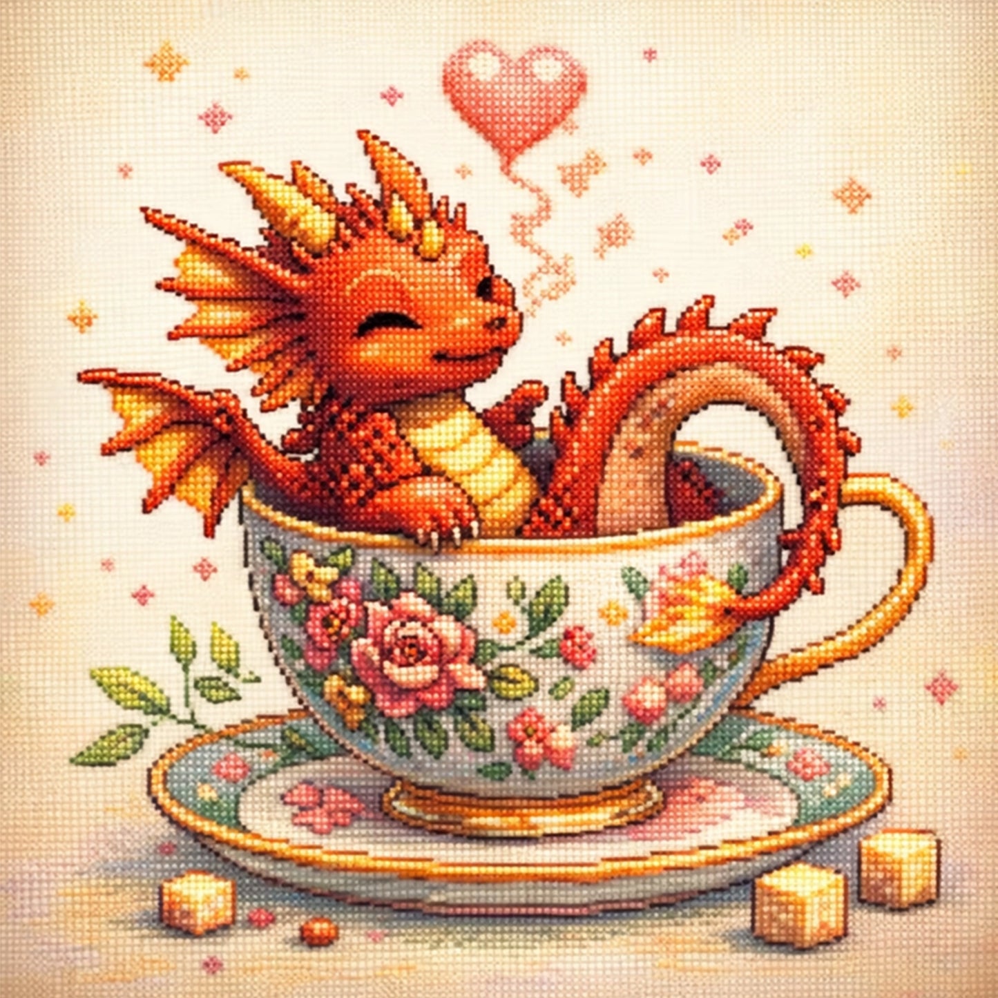 Fire Dragon In Teacup - Full 14CT Stamped Cross Stitch 40x40CM - Huacan