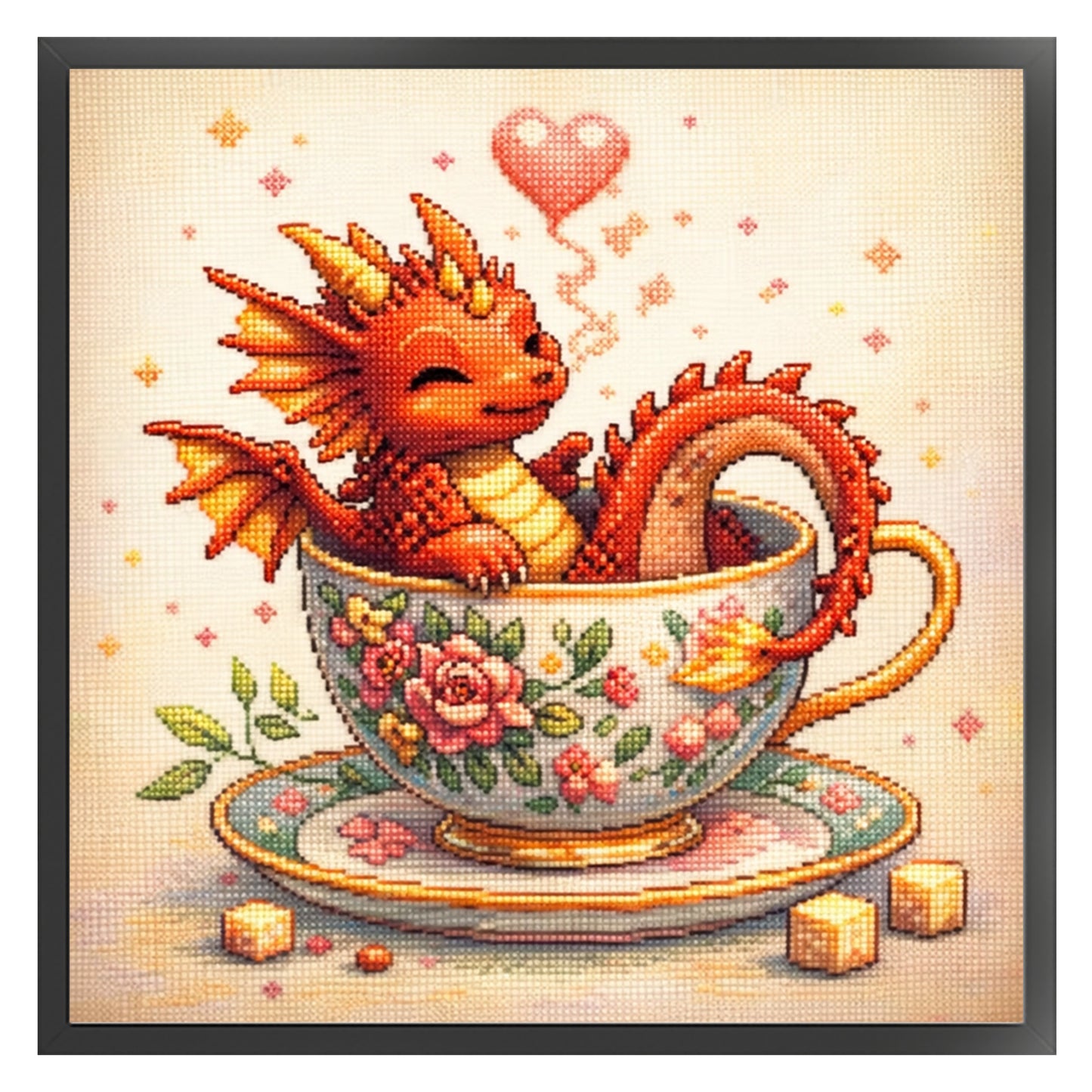 Fire Dragon In Teacup - Full 14CT Stamped Cross Stitch 40x40CM - Huacan