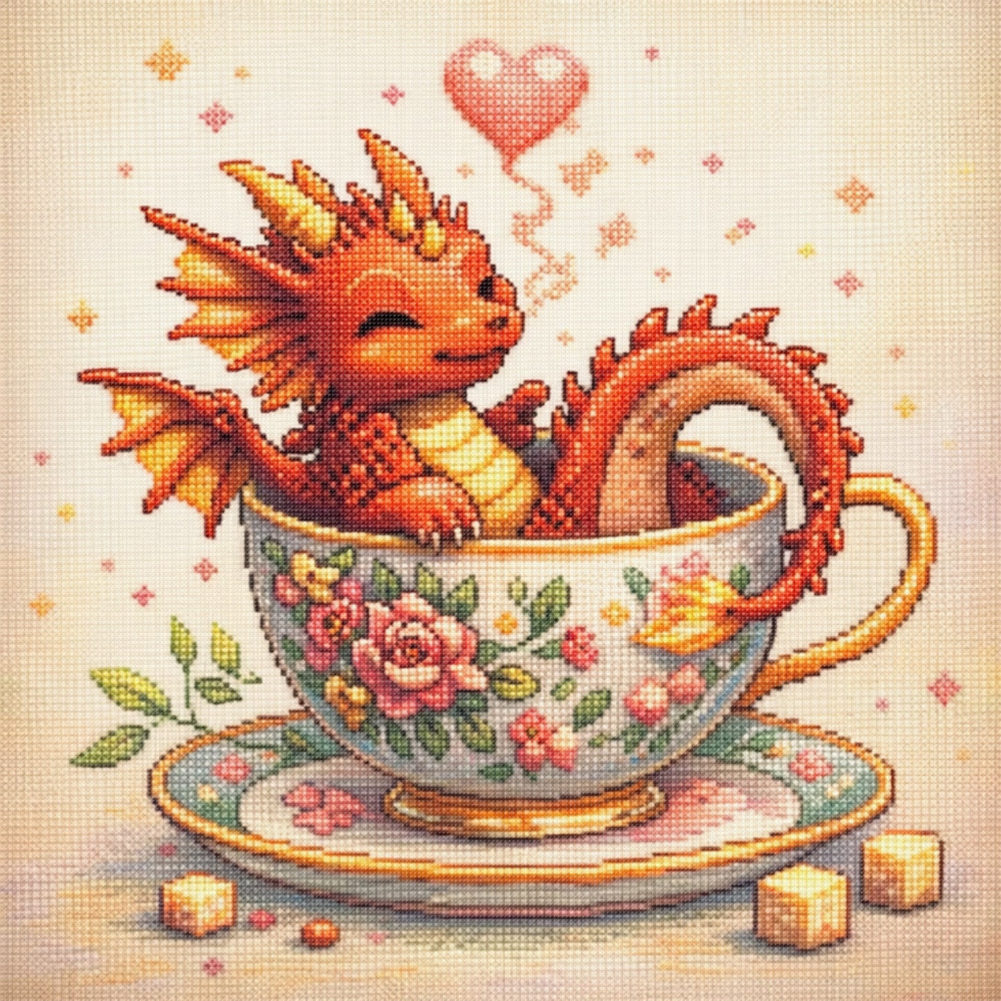 Fire Dragon In Teacup - Full 14CT Stamped Cross Stitch 40x40CM - Huacan