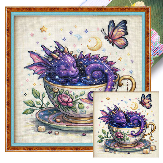 Purple Dragon In Teacup - Full 14CT Stamped Cross Stitch 40x40CM - Huacan