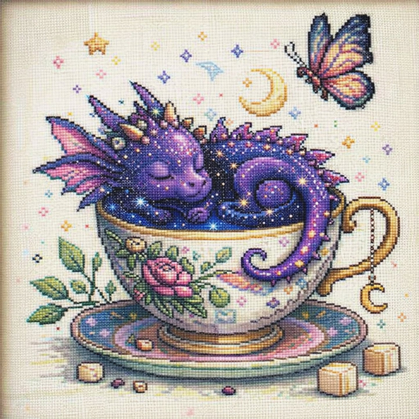 Purple Dragon In Teacup - Full 14CT Stamped Cross Stitch 40x40CM - Huacan