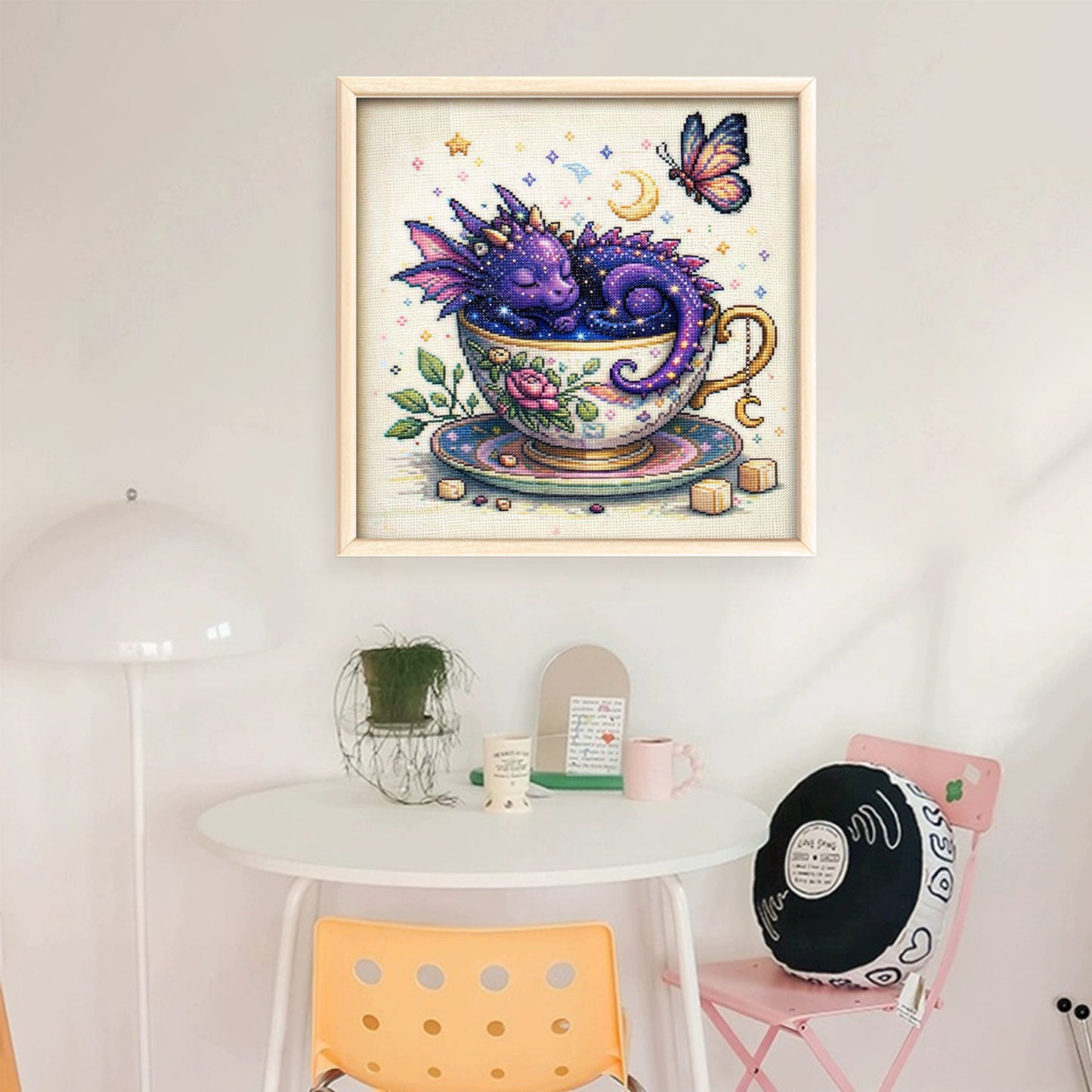 Purple Dragon In Teacup - Full 14CT Stamped Cross Stitch 40x40CM - Huacan