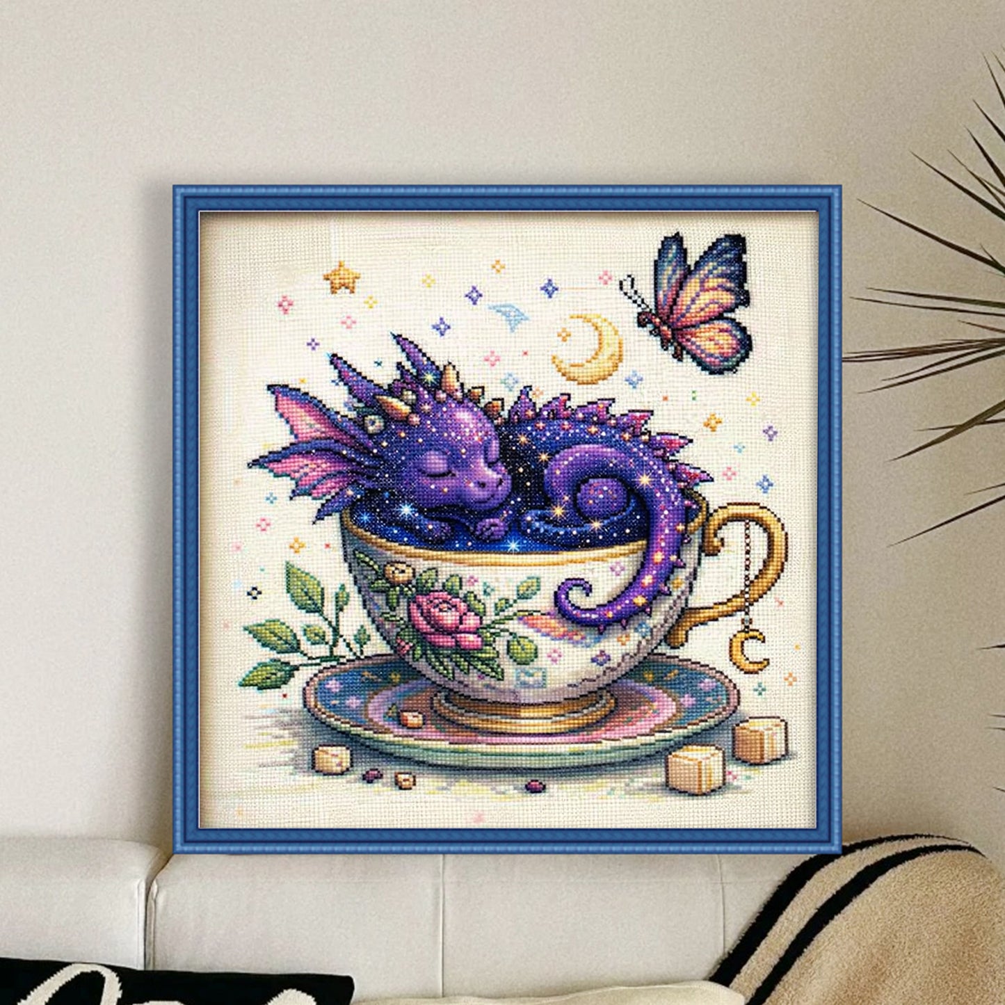 Purple Dragon In Teacup - Full 14CT Stamped Cross Stitch 40x40CM - Huacan