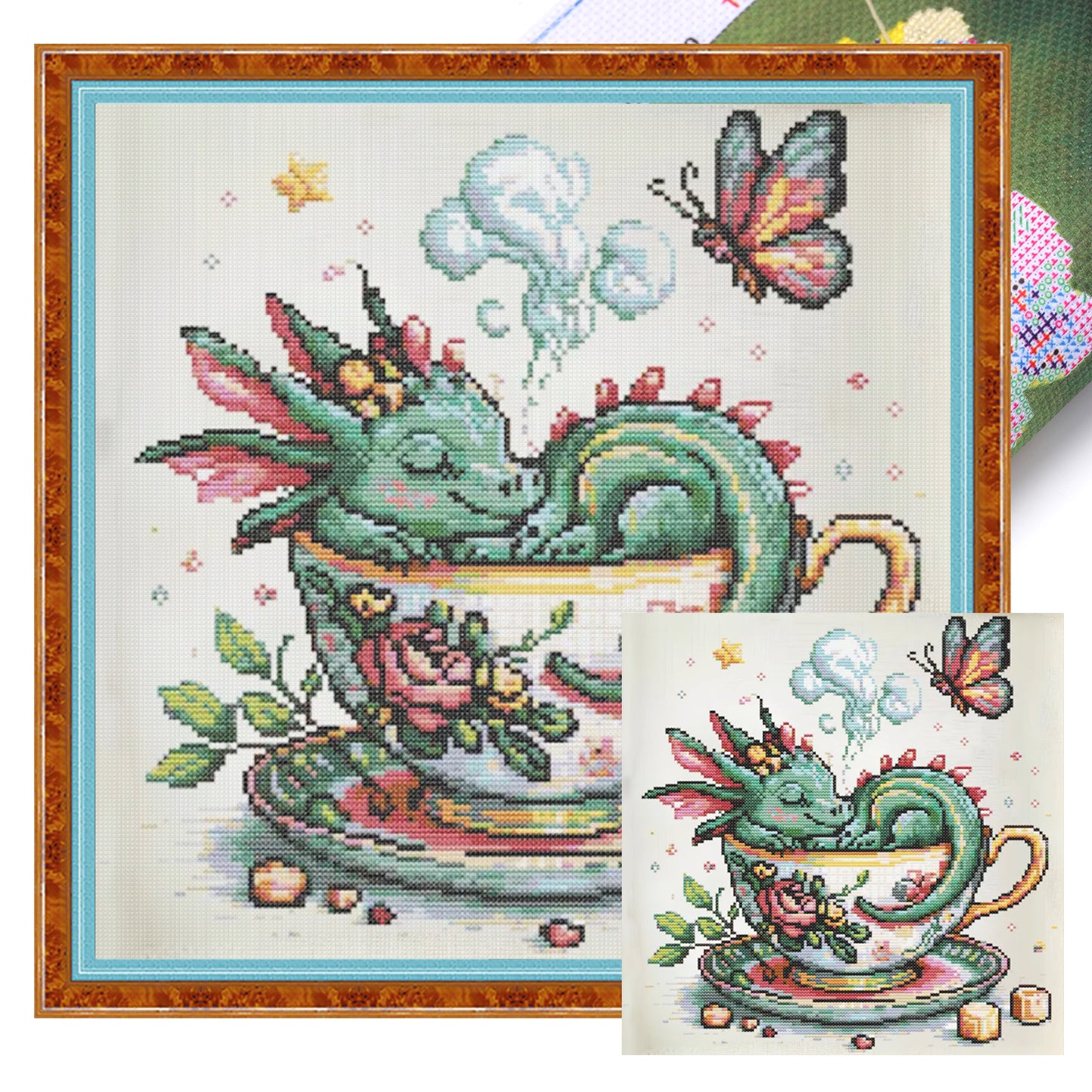 Green Dragon In Teacup - Full 14CT Stamped Cross Stitch 40x40CM - Huacan