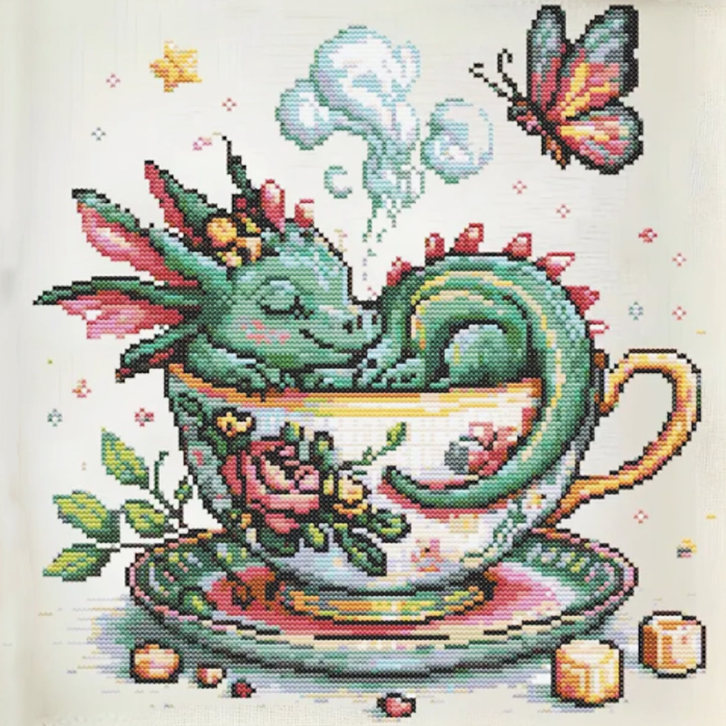 Green Dragon In Teacup - Full 14CT Stamped Cross Stitch 40x40CM - Huacan