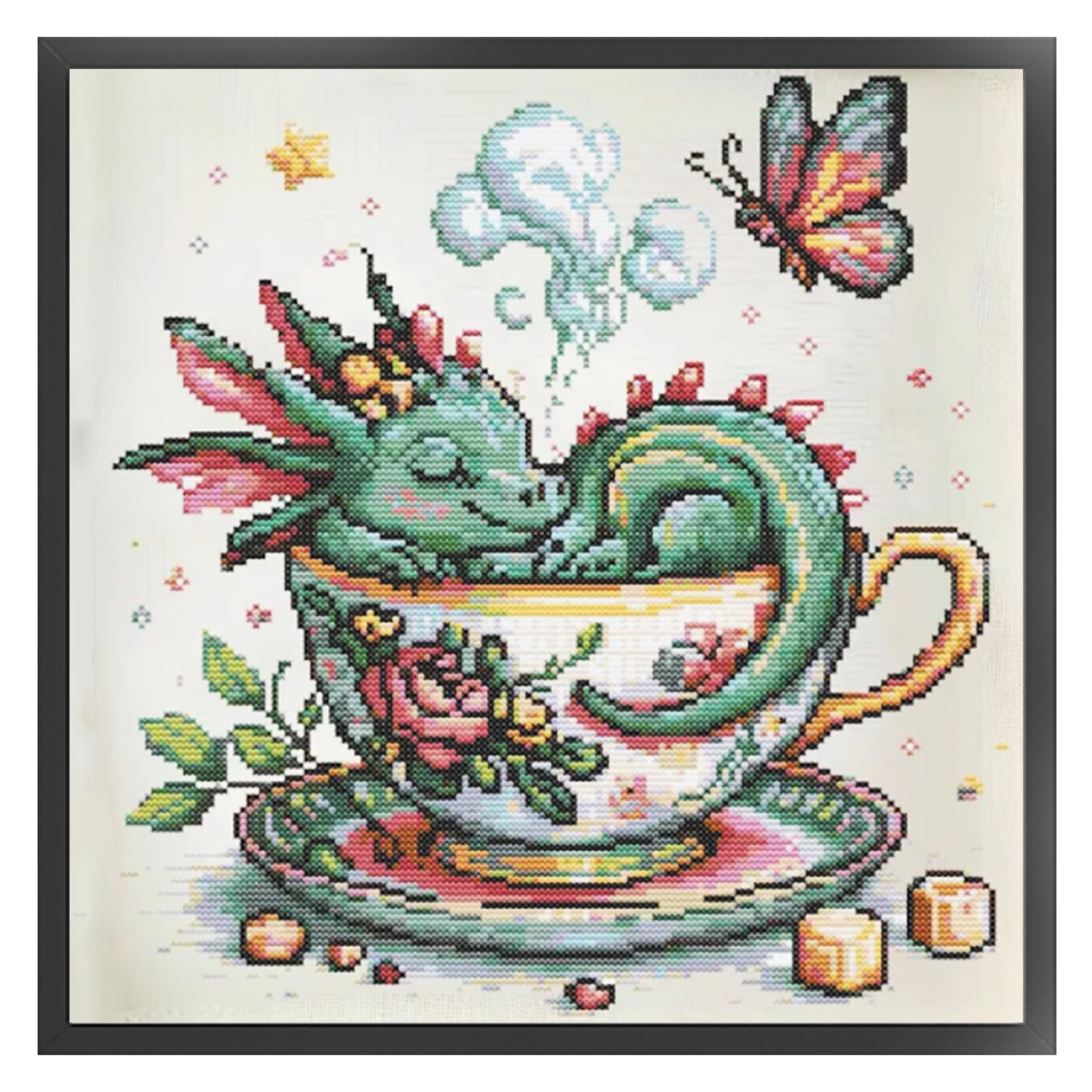 Green Dragon In Teacup - Full 14CT Stamped Cross Stitch 40x40CM - Huacan