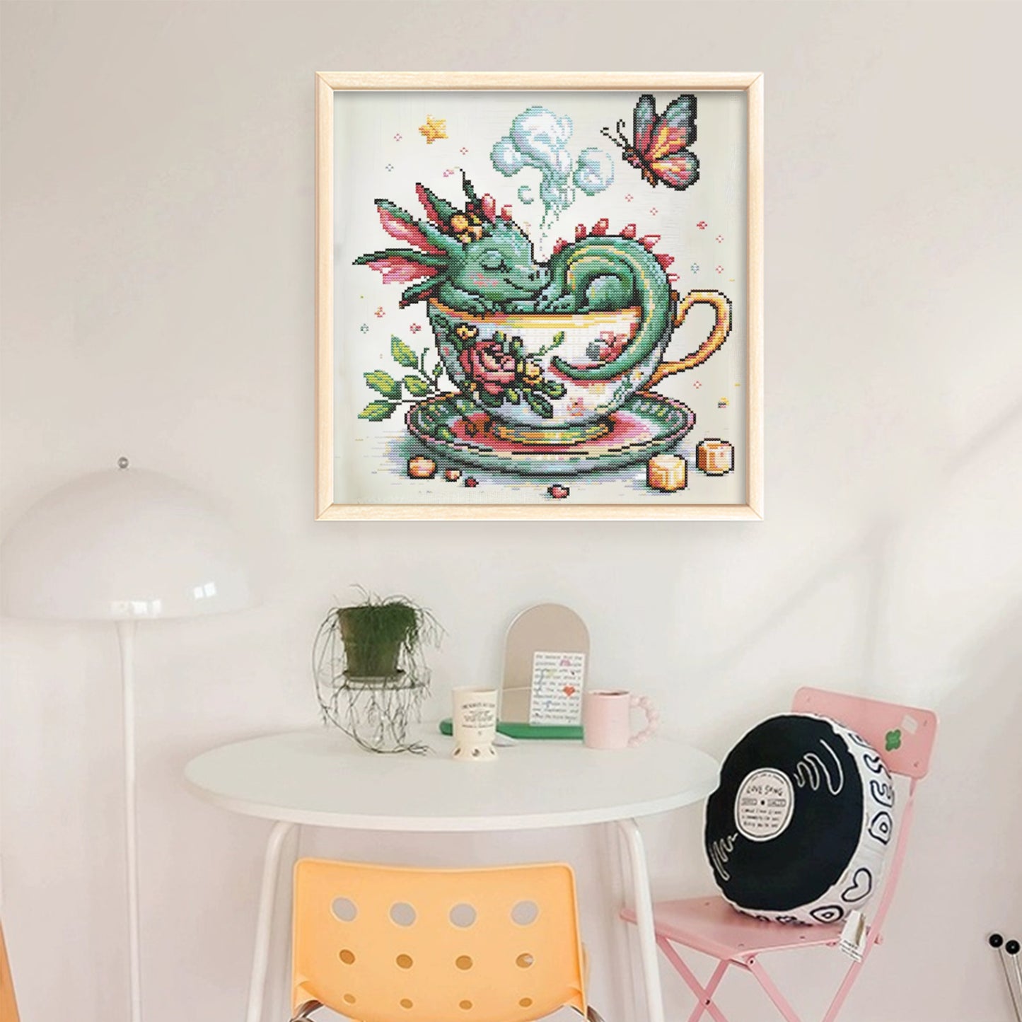Green Dragon In Teacup - Full 14CT Stamped Cross Stitch 40x40CM - Huacan