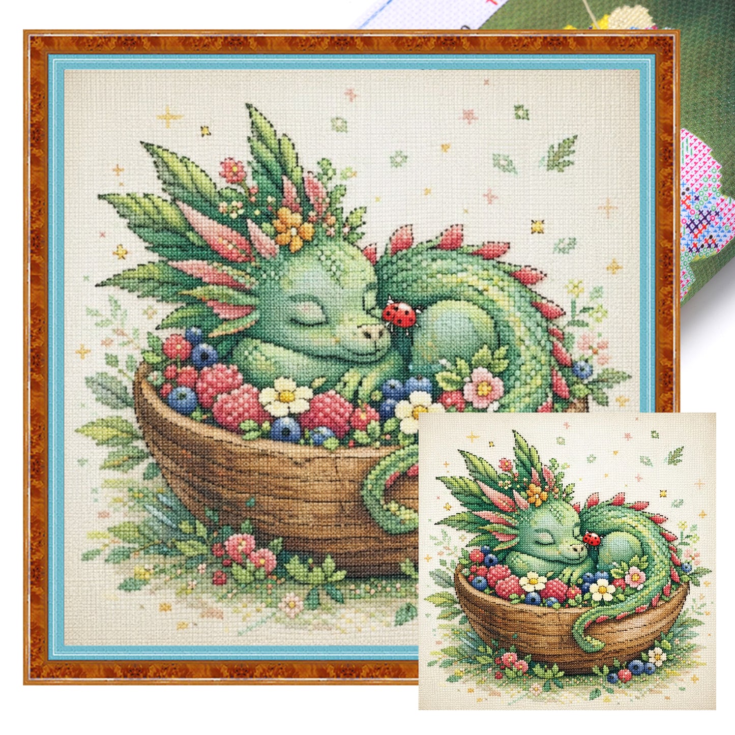 Green Dragon In Fruit Plate - Full 14CT Stamped Cross Stitch 40x40CM - Huacan