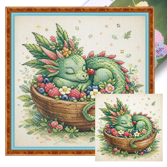 Green Dragon In Fruit Plate - Full 14CT Stamped Cross Stitch 40x40CM - Huacan
