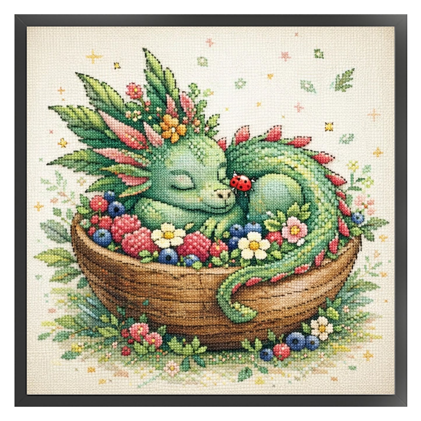 Green Dragon In Fruit Plate - Full 14CT Stamped Cross Stitch 40x40CM - Huacan