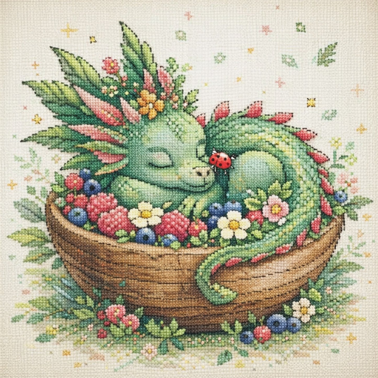 Green Dragon In Fruit Plate - Full 14CT Stamped Cross Stitch 40x40CM - Huacan