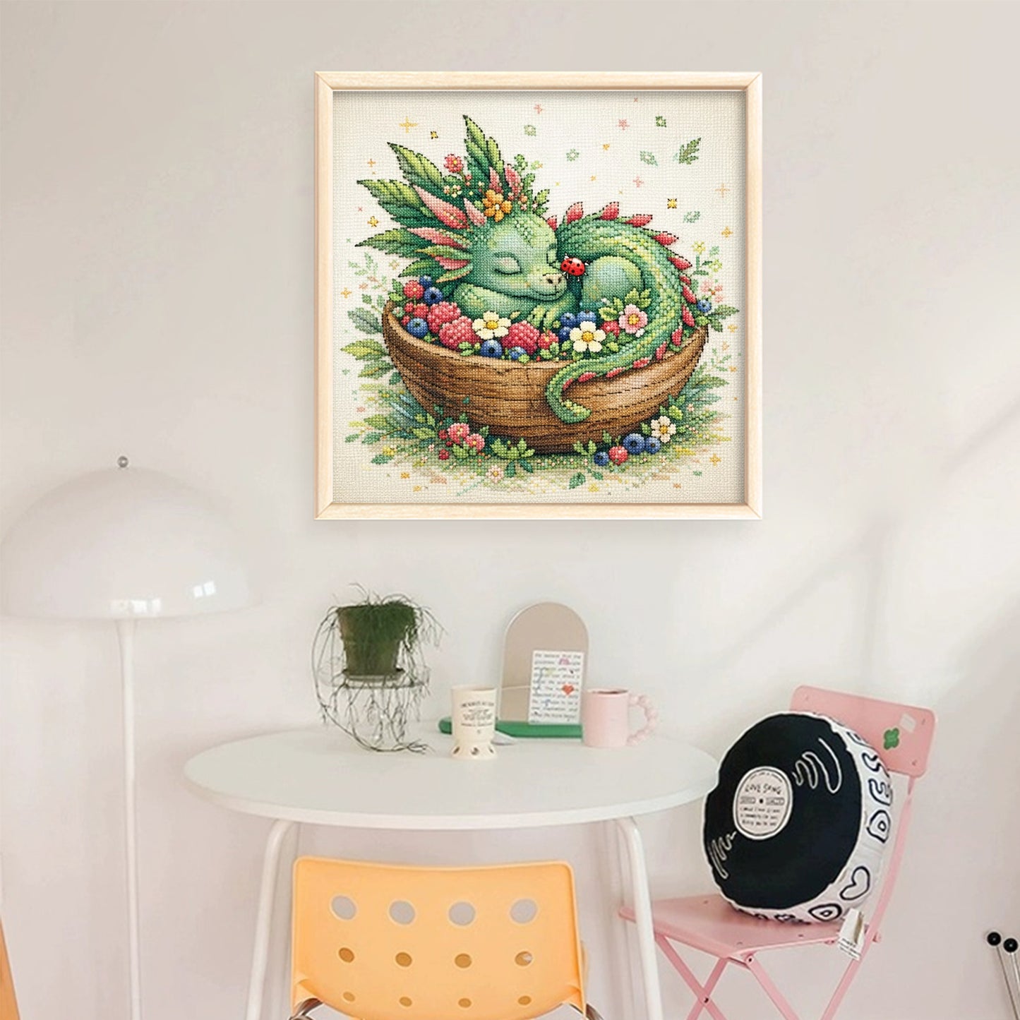 Green Dragon In Fruit Plate - Full 14CT Stamped Cross Stitch 40x40CM - Huacan