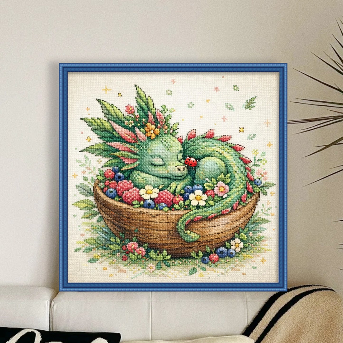 Green Dragon In Fruit Plate - Full 14CT Stamped Cross Stitch 40x40CM - Huacan