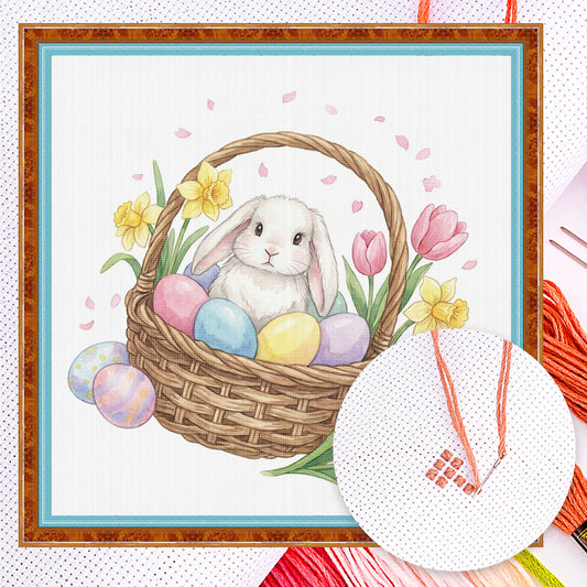 Rabbit With Easter Egg Basket - Full 14CT Counted Cross Stitch 30x30CM - Huacan