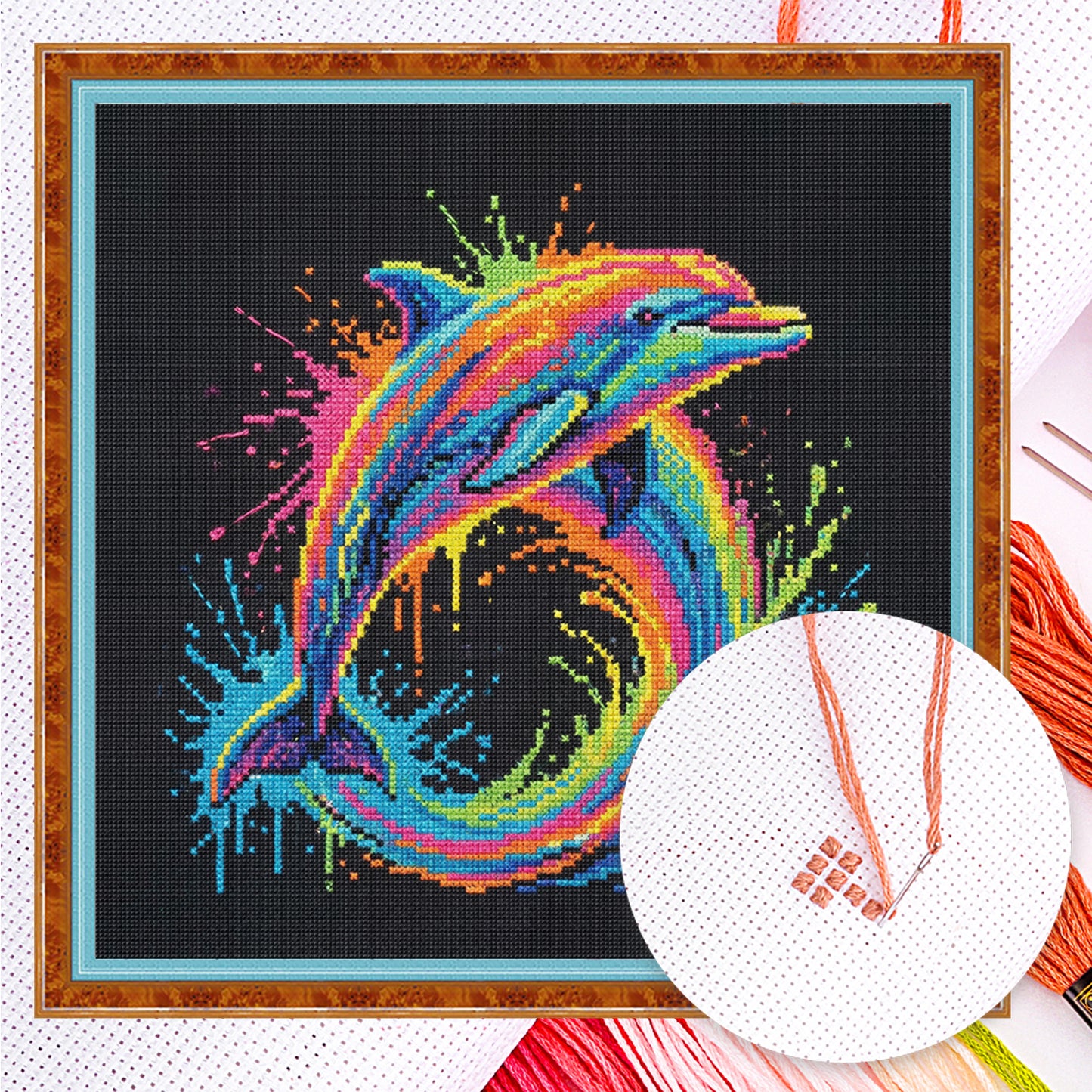 Colorful Splash Dolphin - Full 14CT Counted Cross Stitch 30x30CM - Yishu