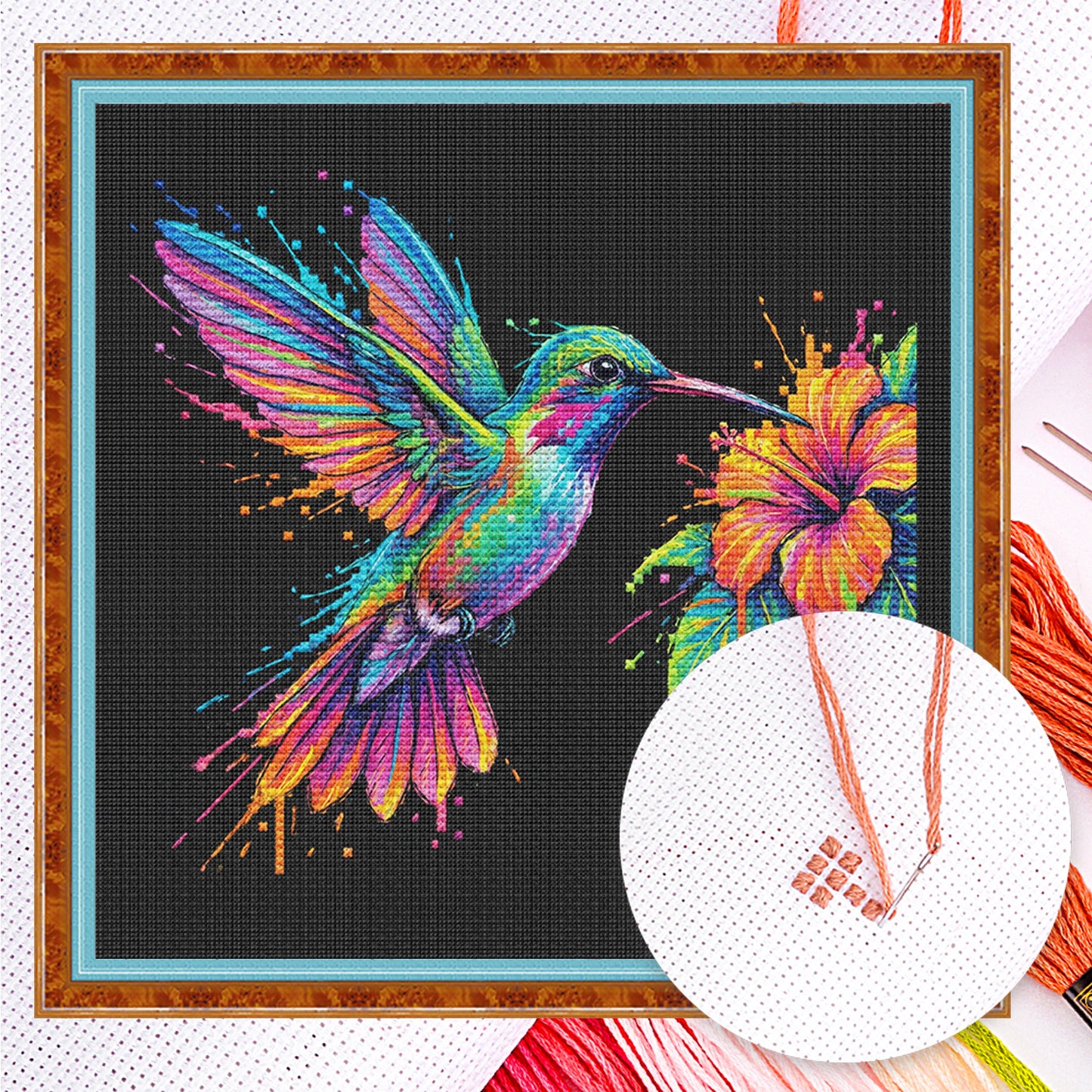 Colorful Splash Hummingbird - Full 14CT Counted Cross Stitch 30x30CM - Yishu