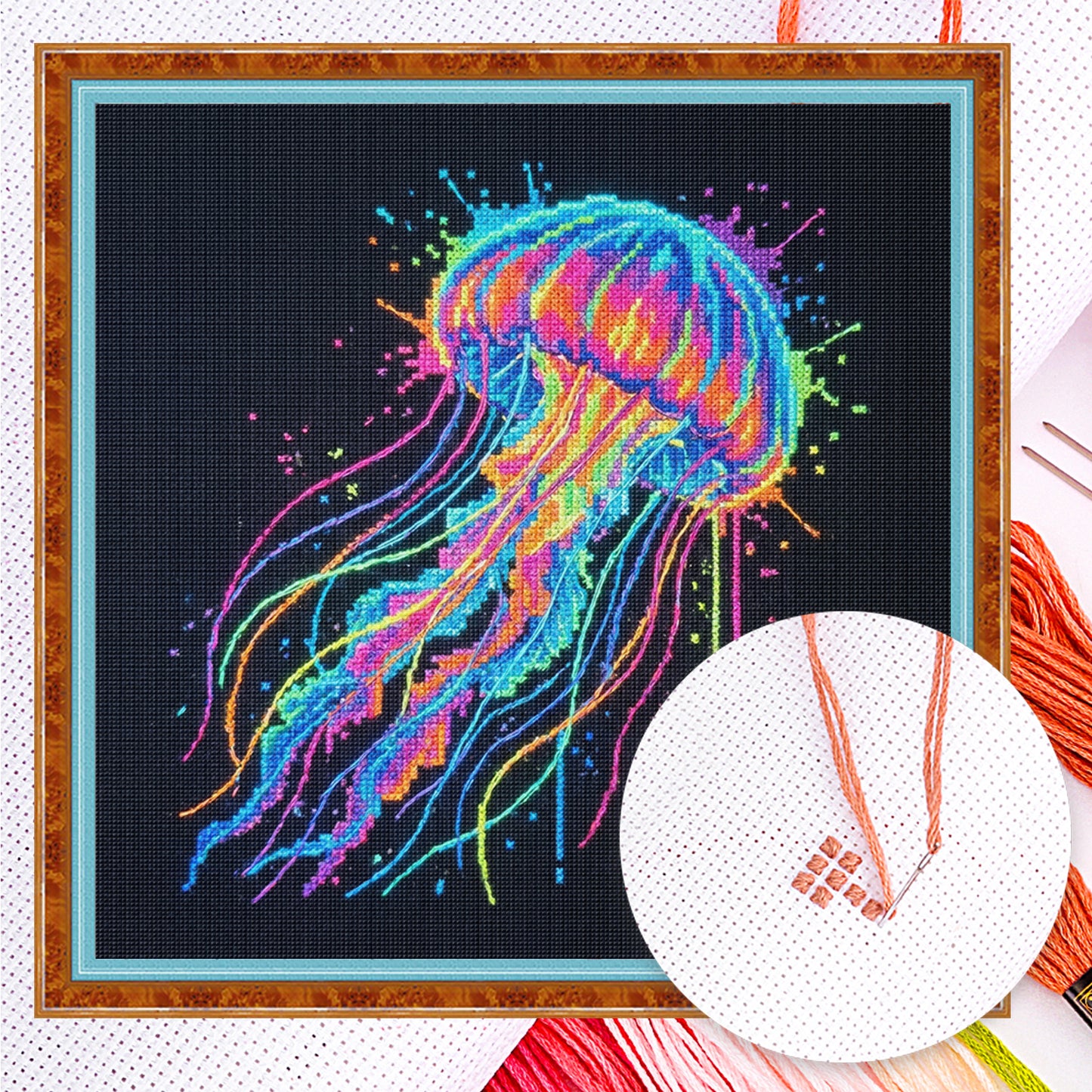 Colorful Splash Jellyfish - Full 14CT Counted Cross Stitch 30x30CM - Yishu