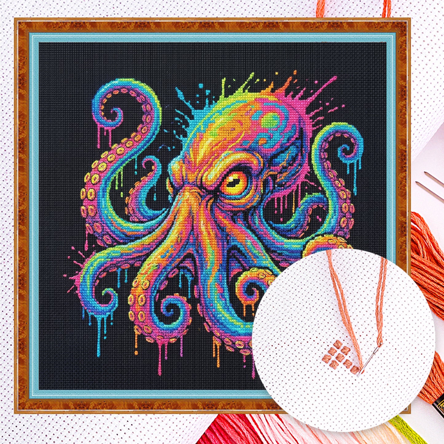 Colorful Splash Octopus - Full 14CT Counted Cross Stitch 30x30CM - Yishu