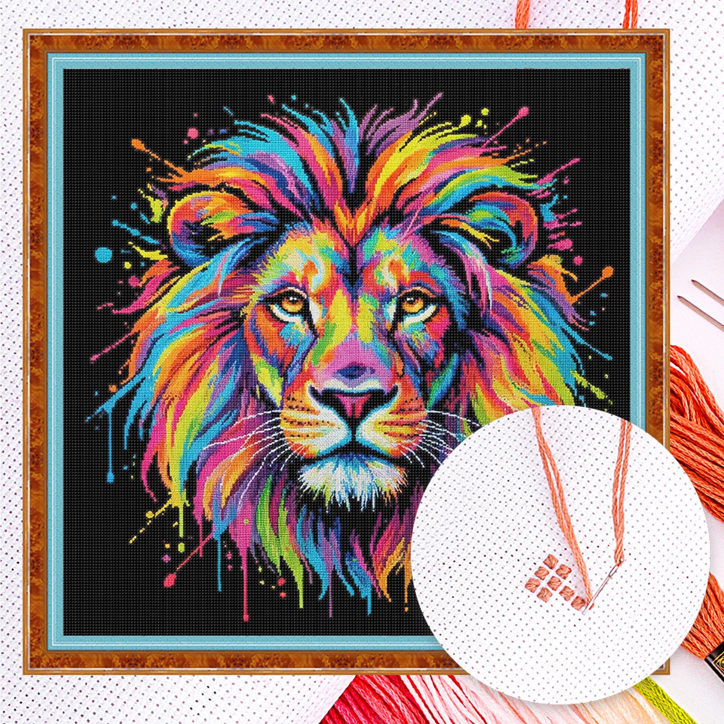 Colorful Splash Lion - Full 14CT Counted Cross Stitch 30x30CM - Yishu