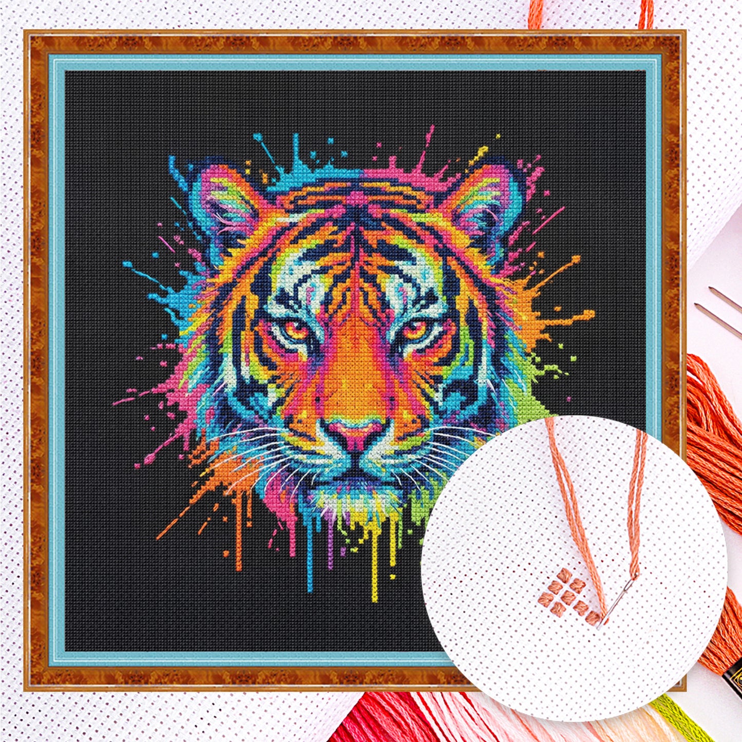 Colorful Splash Tiger - Full 14CT Counted Cross Stitch 30x30CM - Yishu