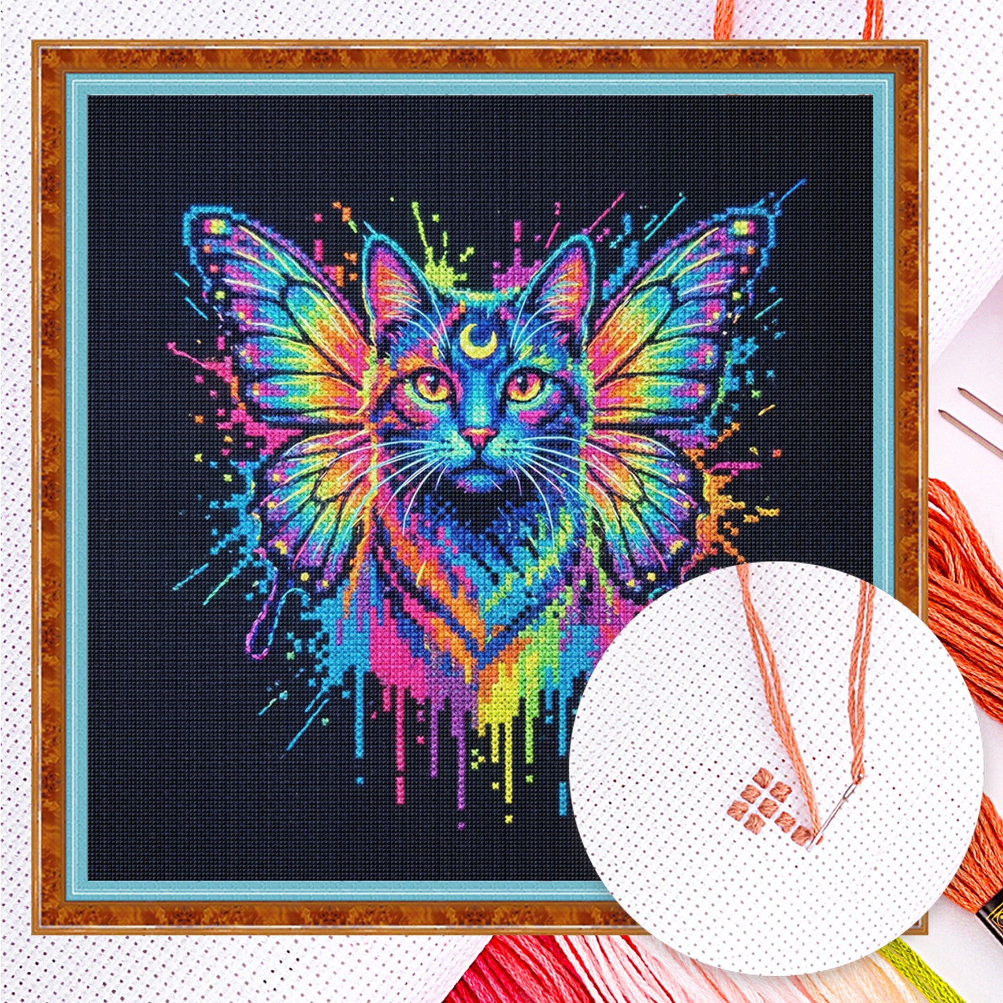 Colorful Splash Cat - Full 14CT Counted Cross Stitch 30x30CM - Yishu