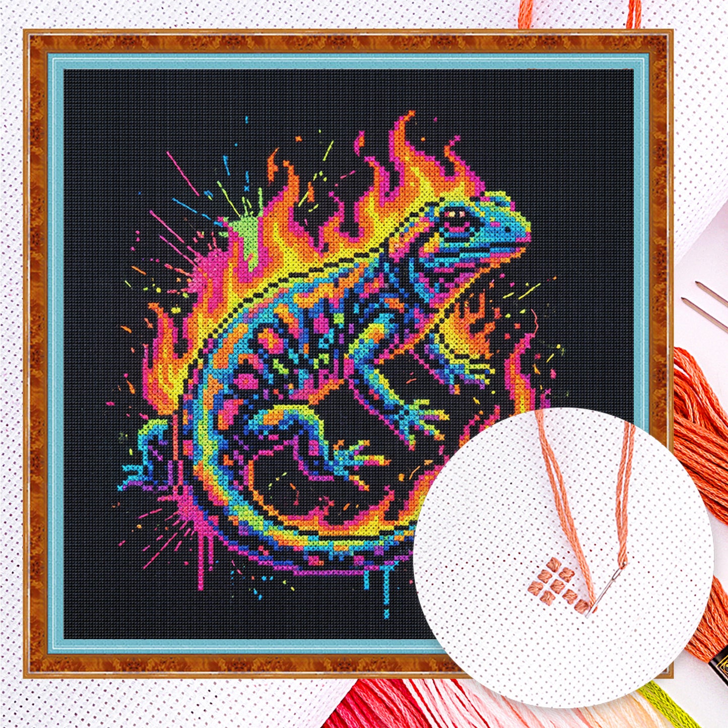 Colorful Splash Lizard - Full 14CT Counted Cross Stitch 30x30CM - Yishu
