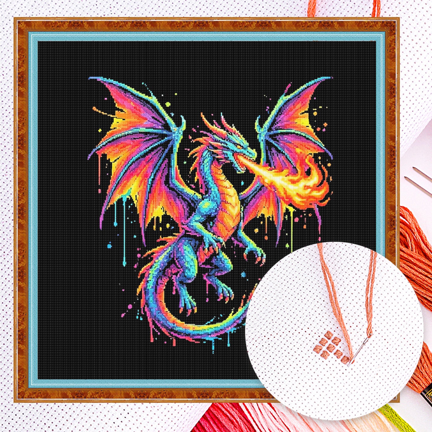 Colorful Splash Dragon-C - Full 14CT Counted Cross Stitch 30x30CM - Yishu