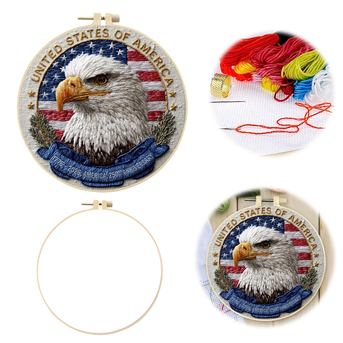 Independence Day - DIY Embroidery Cross Stitch Kit with Pattern Cotton Threads Needles Hoop 30x30CM/11.81x11.81in