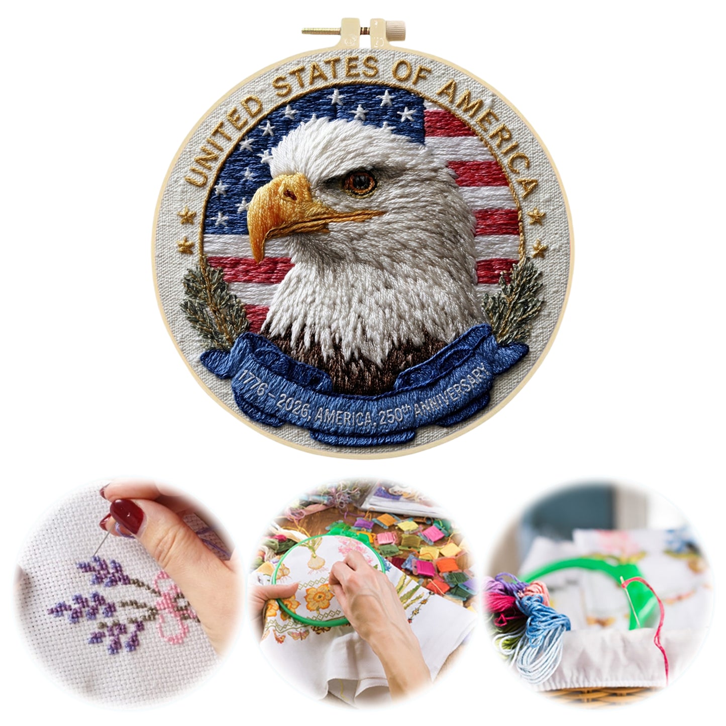 Independence Day - DIY Embroidery Cross Stitch Kit with Pattern Cotton Threads Needles Hoop 30x30CM/11.81x11.81in