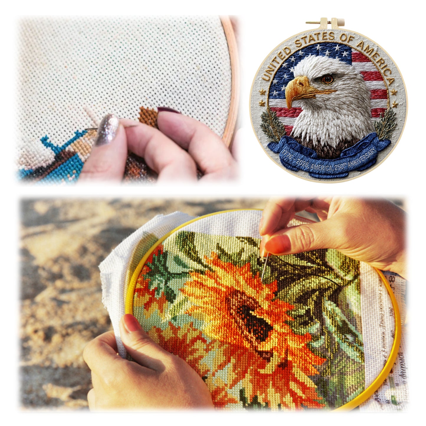 Independence Day - DIY Embroidery Cross Stitch Kit with Pattern Cotton Threads Needles Hoop 30x30CM/11.81x11.81in