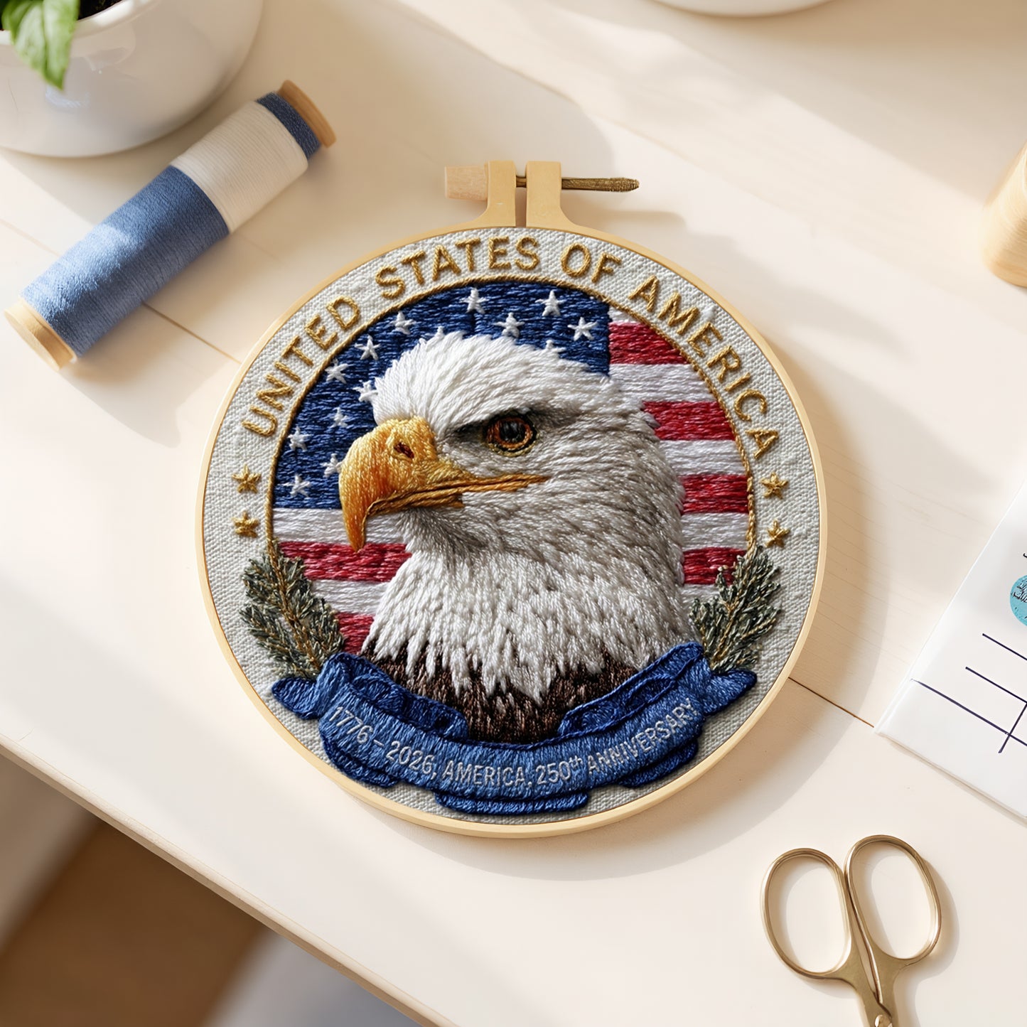 Independence Day - DIY Embroidery Cross Stitch Kit with Pattern Cotton Threads Needles Hoop 30x30CM/11.81x11.81in