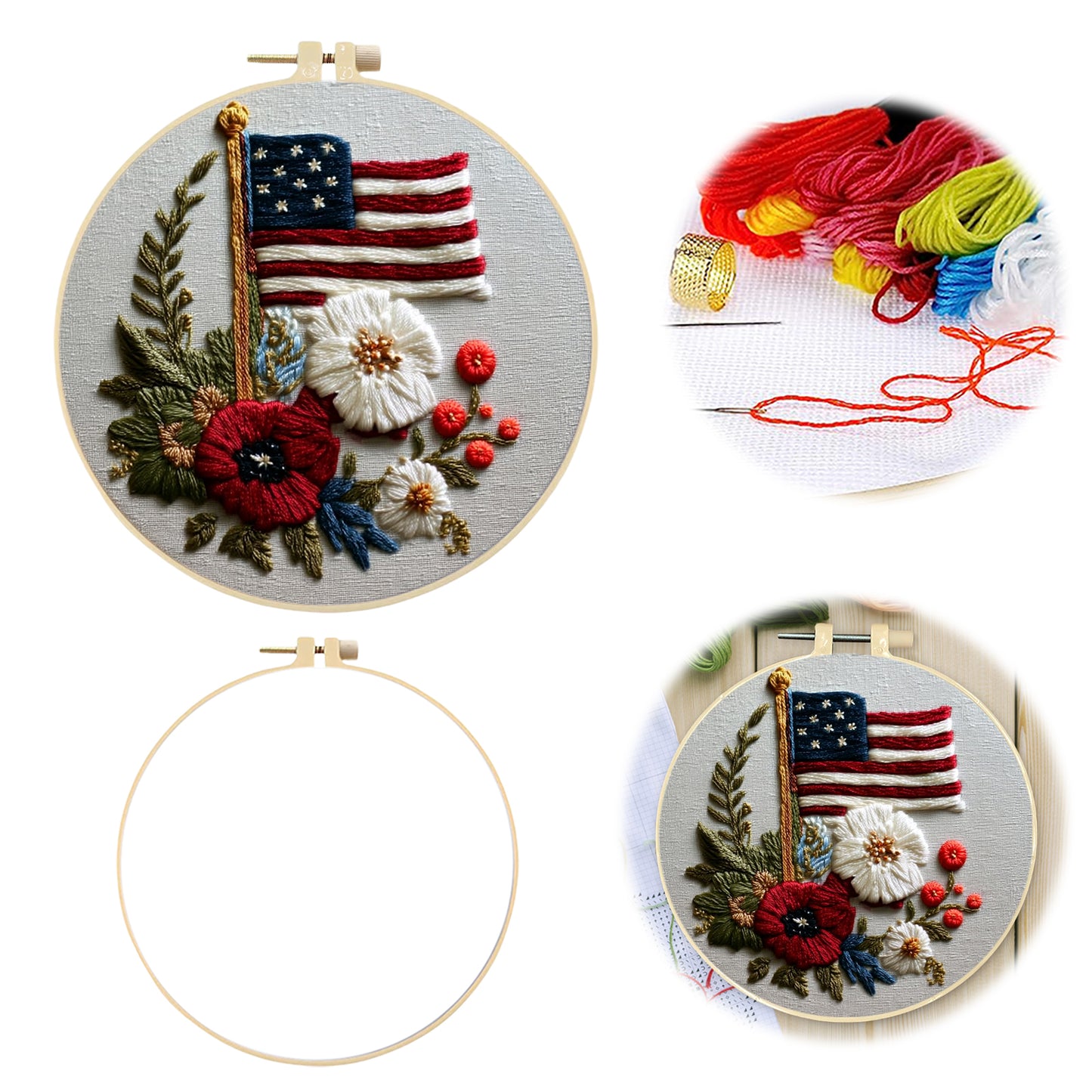 Independence Day - DIY Embroidery Cross Stitch Kit with Pattern Cotton Threads Needles Hoop 30x30CM/11.81x11.81in