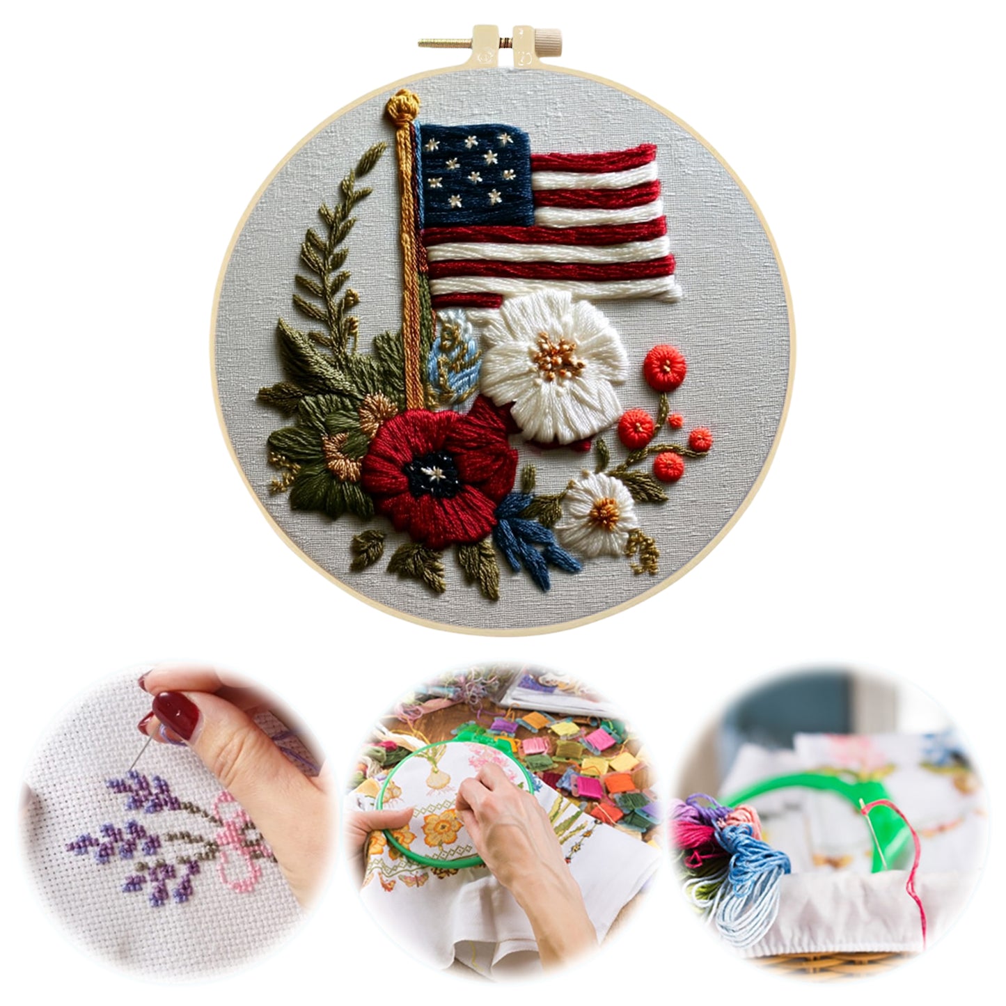 Independence Day - DIY Embroidery Cross Stitch Kit with Pattern Cotton Threads Needles Hoop 30x30CM/11.81x11.81in