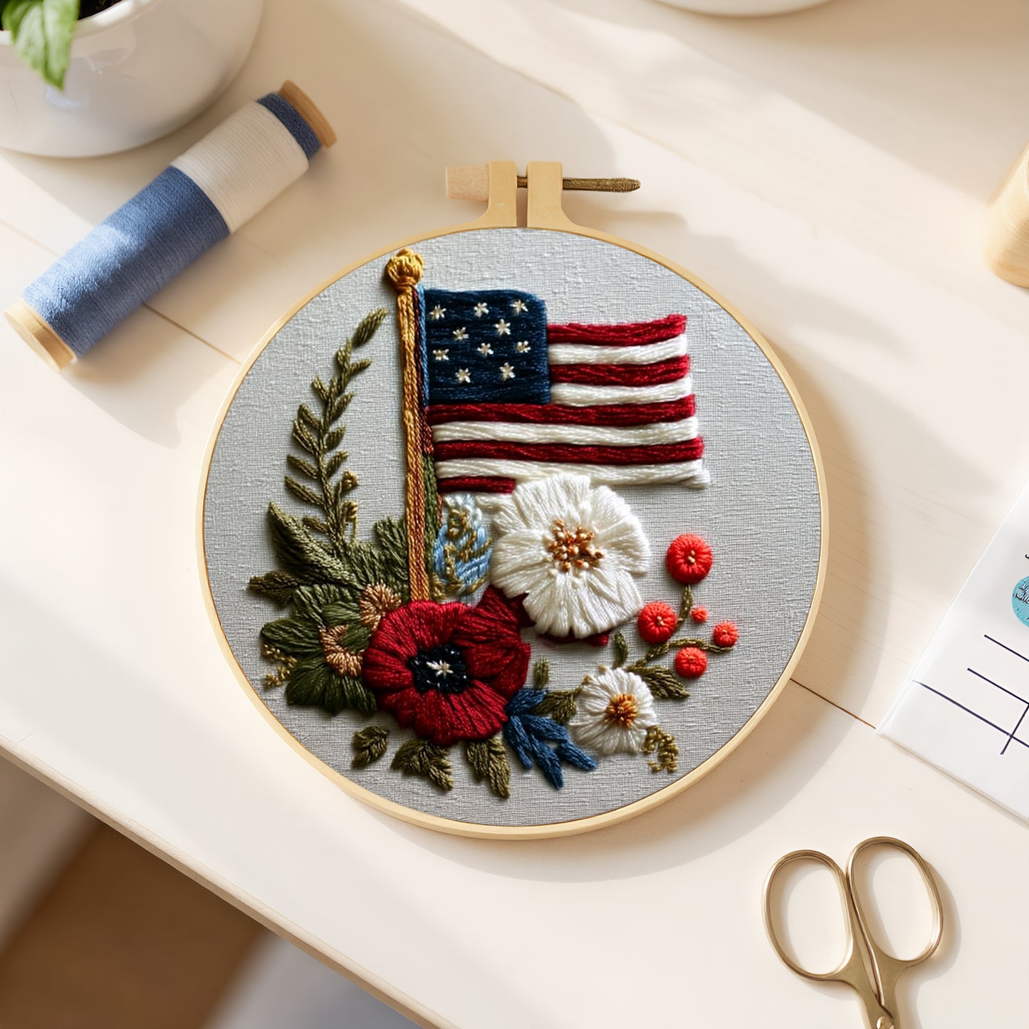 Independence Day - DIY Embroidery Cross Stitch Kit with Pattern Cotton Threads Needles Hoop 30x30CM/11.81x11.81in
