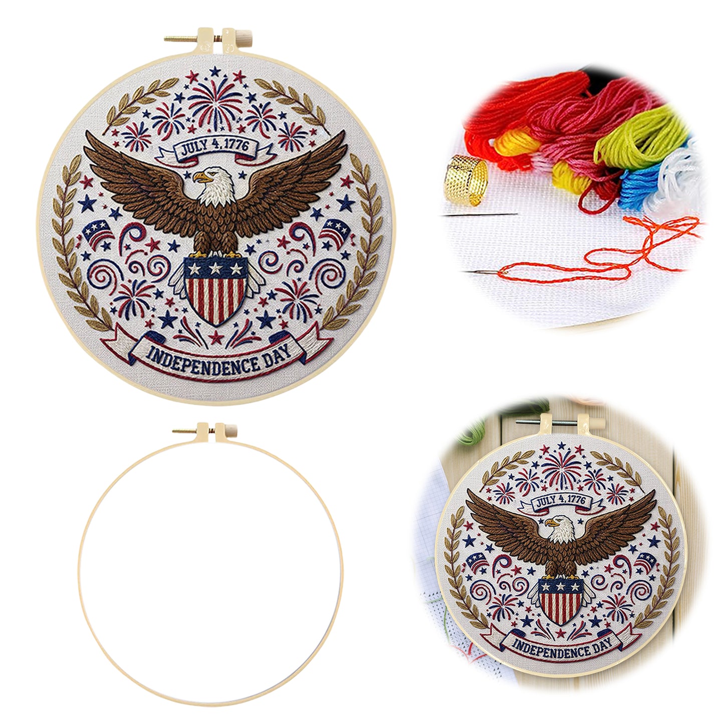 Independence Day - DIY Embroidery Cross Stitch Kit with Pattern Cotton Threads Needles Hoop 29x29CM/11.42x11.42in