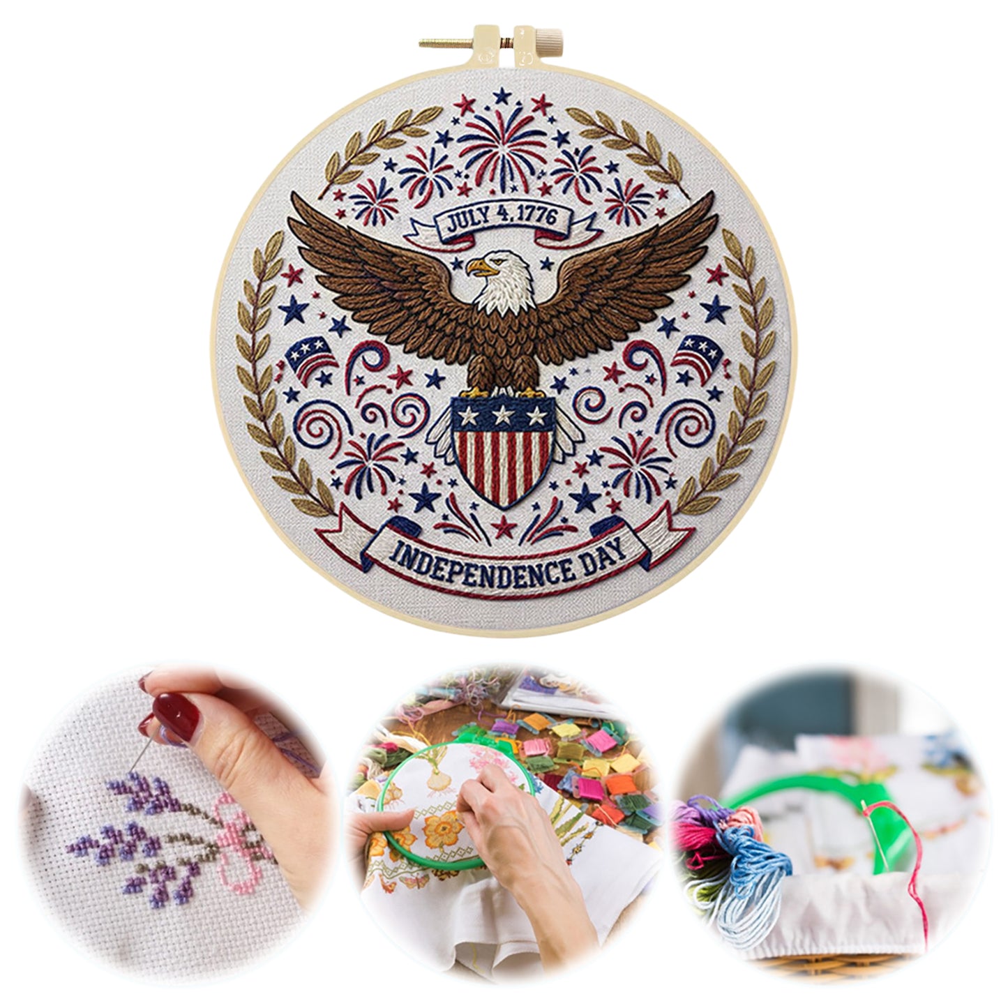 Independence Day - DIY Embroidery Cross Stitch Kit with Pattern Cotton Threads Needles Hoop 29x29CM/11.42x11.42in